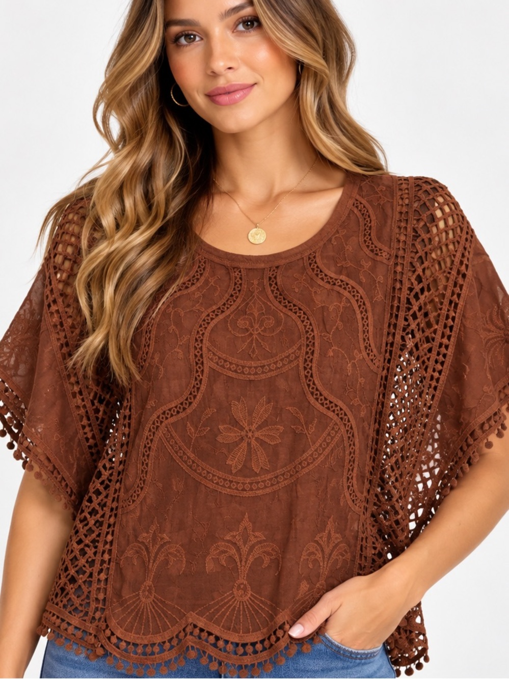 070.New Crochet Lace Boho Top - Brown cotton